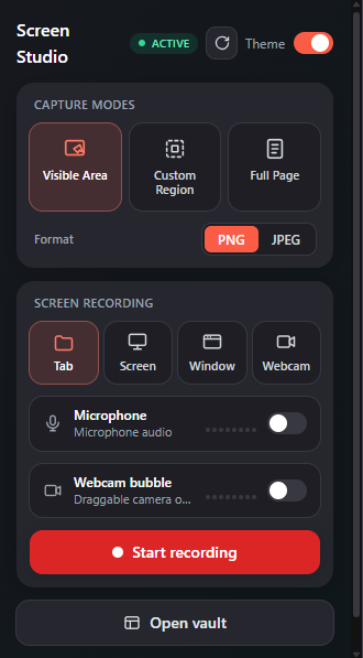 Screen Studio extension popup with capture modes and screen recording