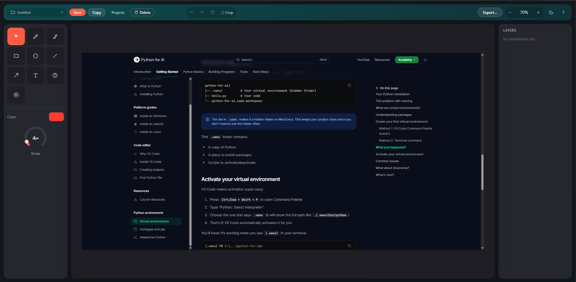 Screenshot editor with annotation tools and layers panel