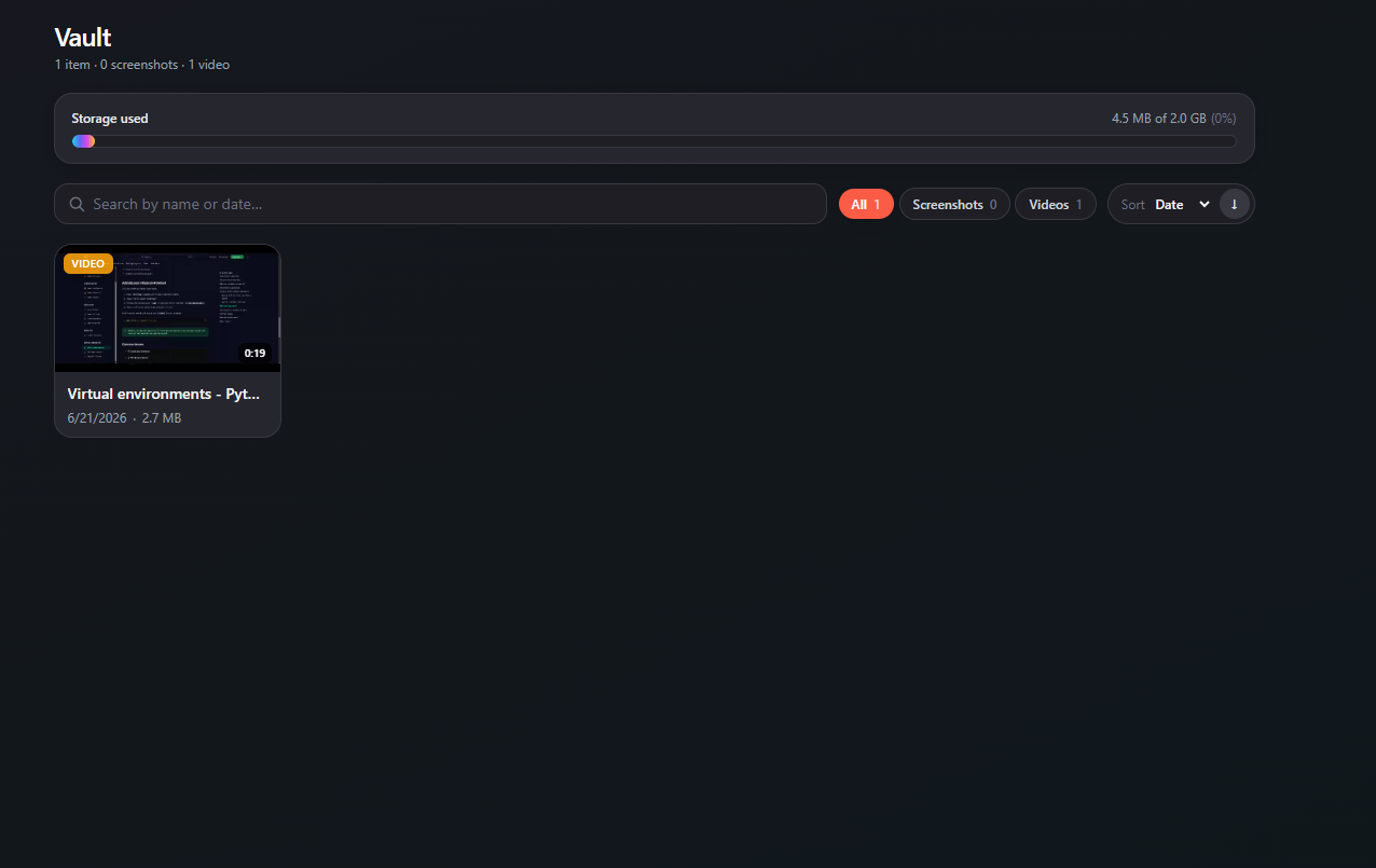 Vault showing stored screenshots and videos with storage usage