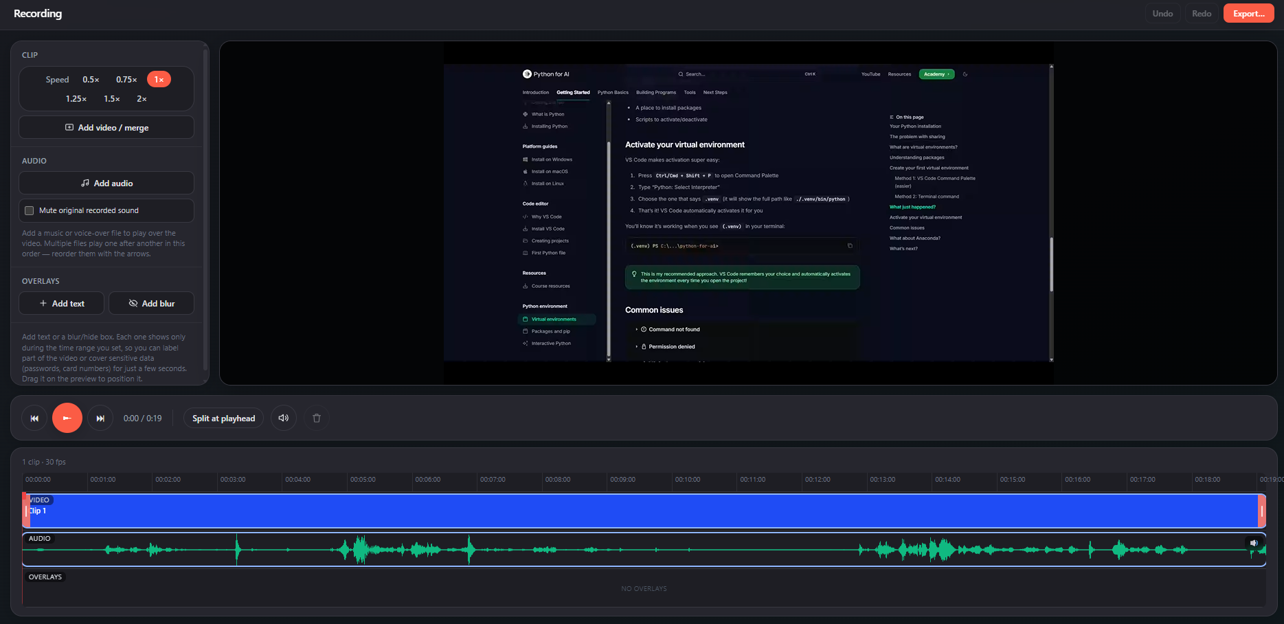 Video editor timeline with clip, audio waveform and overlay lanes